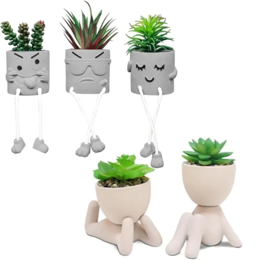 Set di 3 Piante Succulente Artificiali Creative con Vasi Grigi e 2 Graziose Piante Succulente Artificiali con Design Umanoide