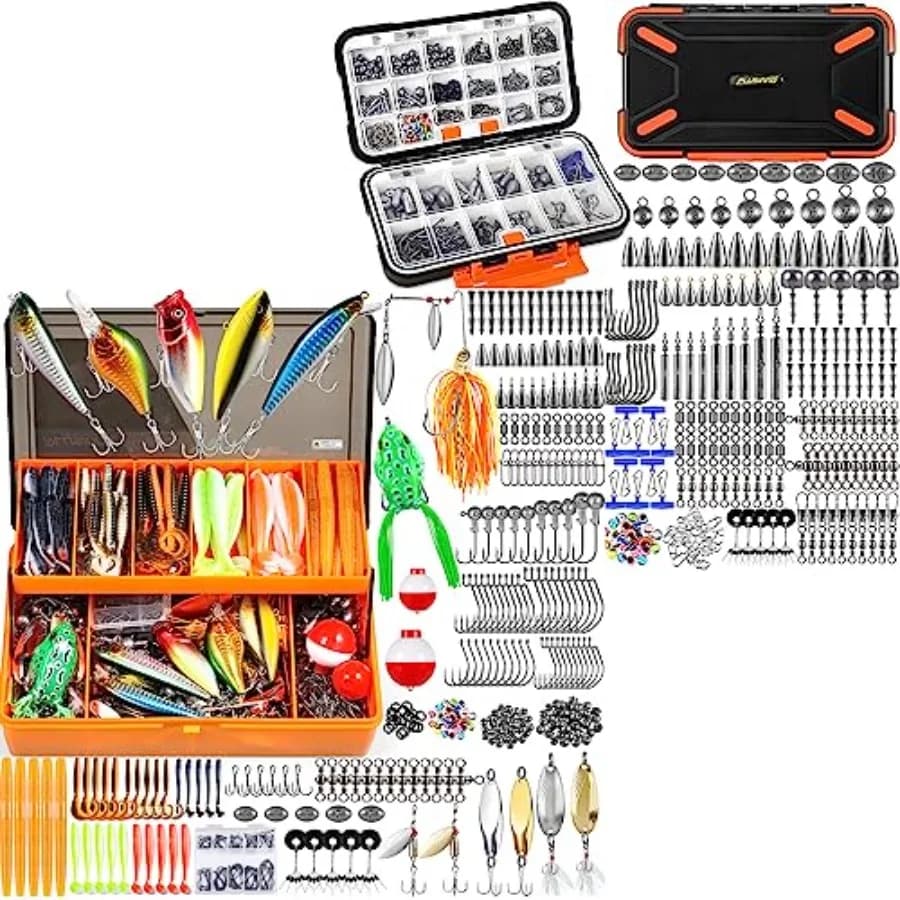 Kit di Accessori da Pesca 397 Pezzi e Scatola Porta Attrezzi XL con 404 Esche da Pesca e Attrezzatura Inclusa