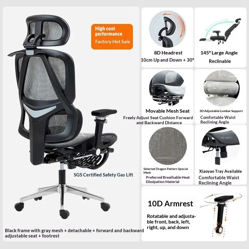 Sedia da Ufficio Ergonomica in Rete con Supporto Lombare Regolabile, Poggiatesta, Reclinabile, Girevole, con Rotelle, per Scrivania, Computer, Gaming, Studio, Nera