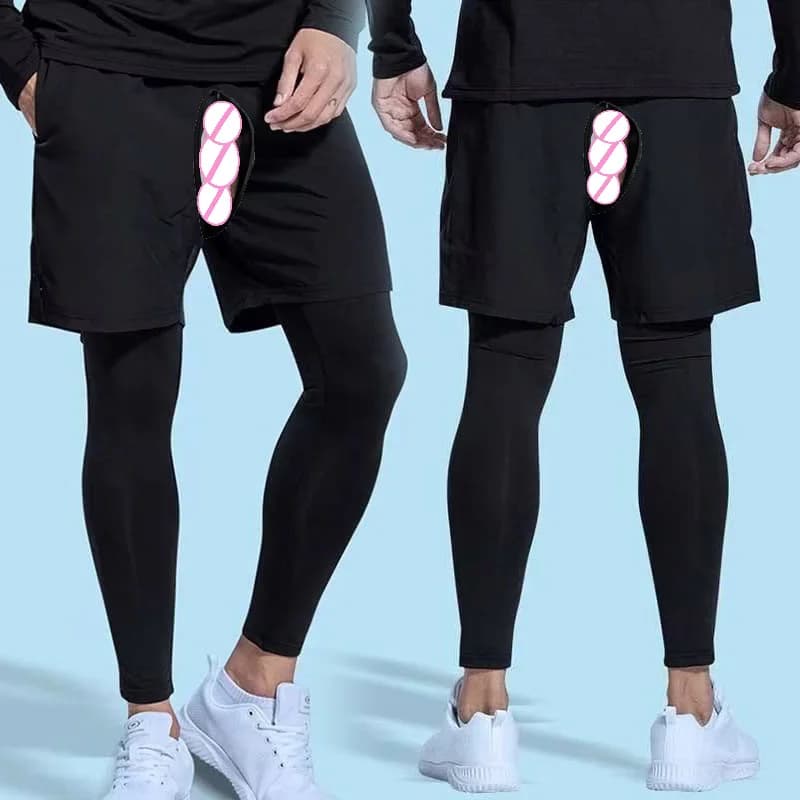 Open Crotch Fitness Pants 2 in 1 Sports Trousers Men Basketball Sweatpants Summer Running Gym Shorts Tight Leggings Male Short