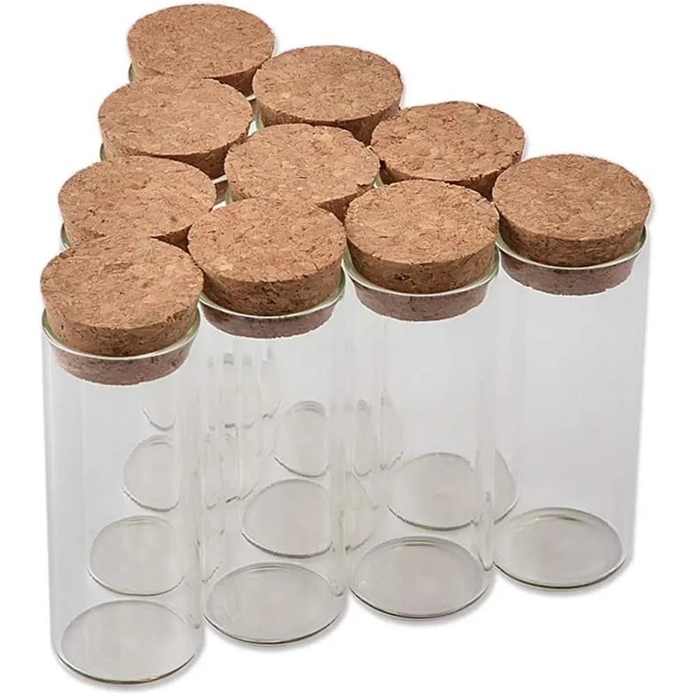 Confezione da 100 Bottiglie in Vetro Trasparente da 25ml per Spezie con Tappo in Sughero, 27x70x24mm
