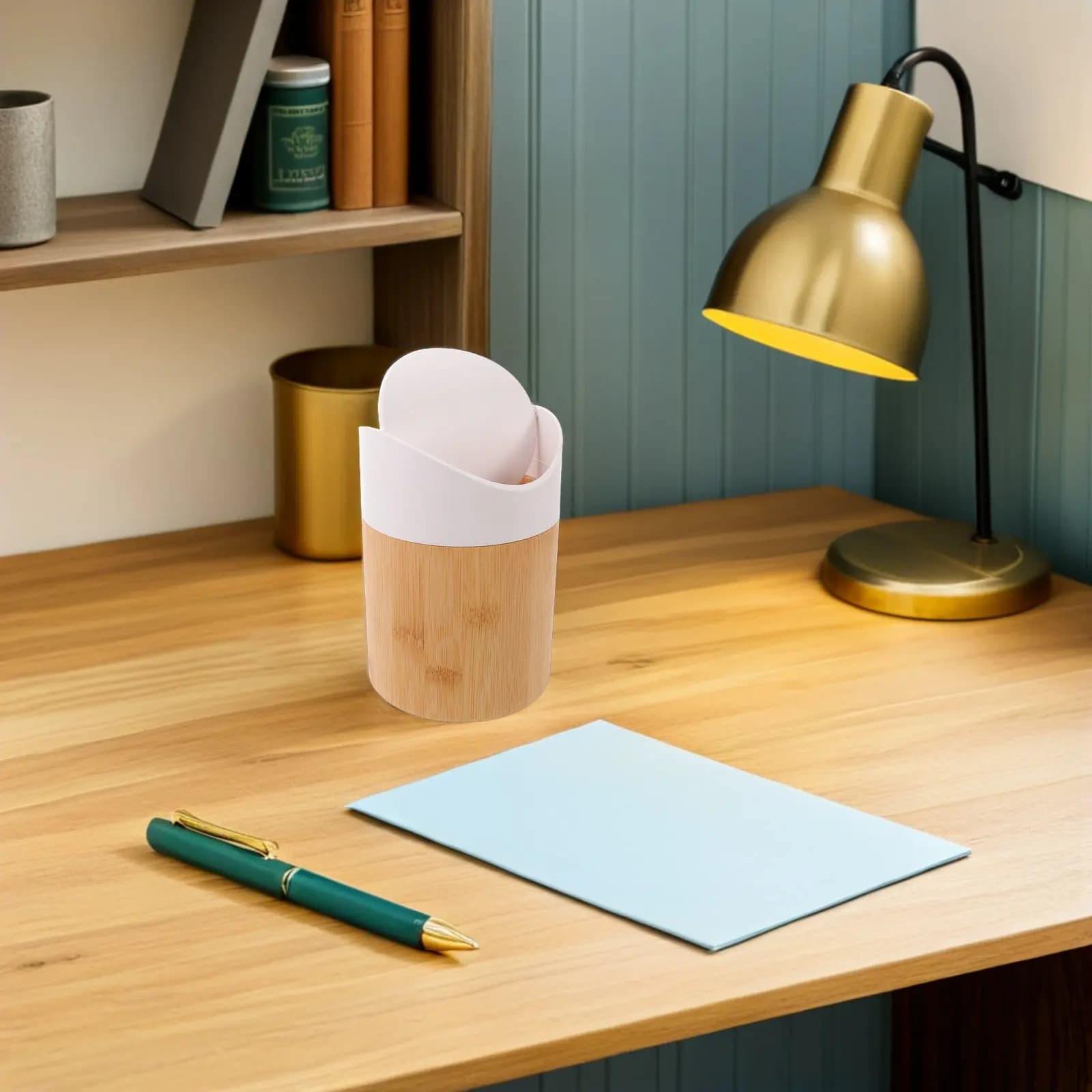 Bamboo Desktop Trash Bin Lid Garbage Can Compact Countertop Waste Basket for Bedroom Office Living Room