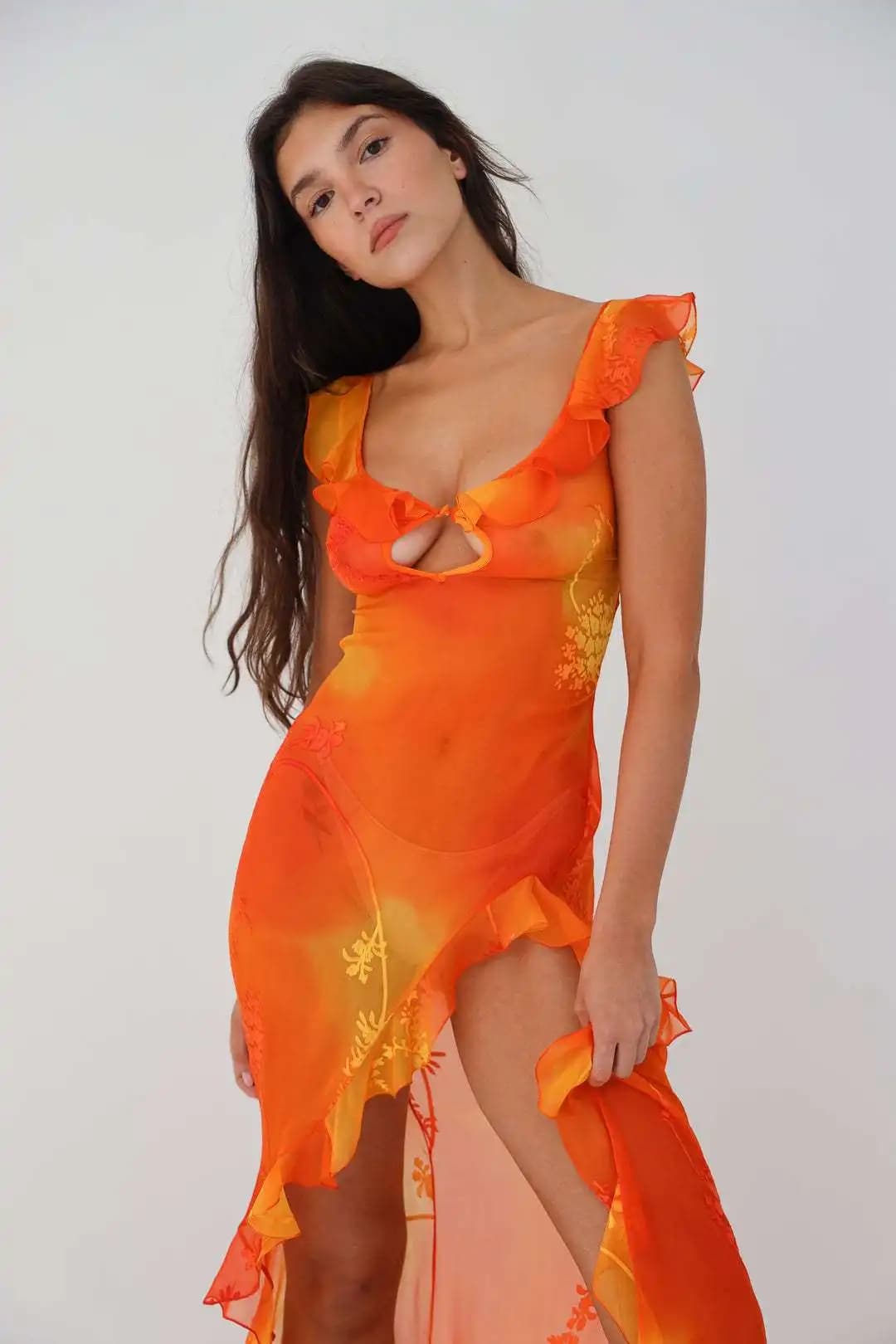 Sexy Low Cut Hollow Dyed Sleeveless Gown with Back Exposure And High Slit Long Evening Dress mid Waist Polyester Fiber