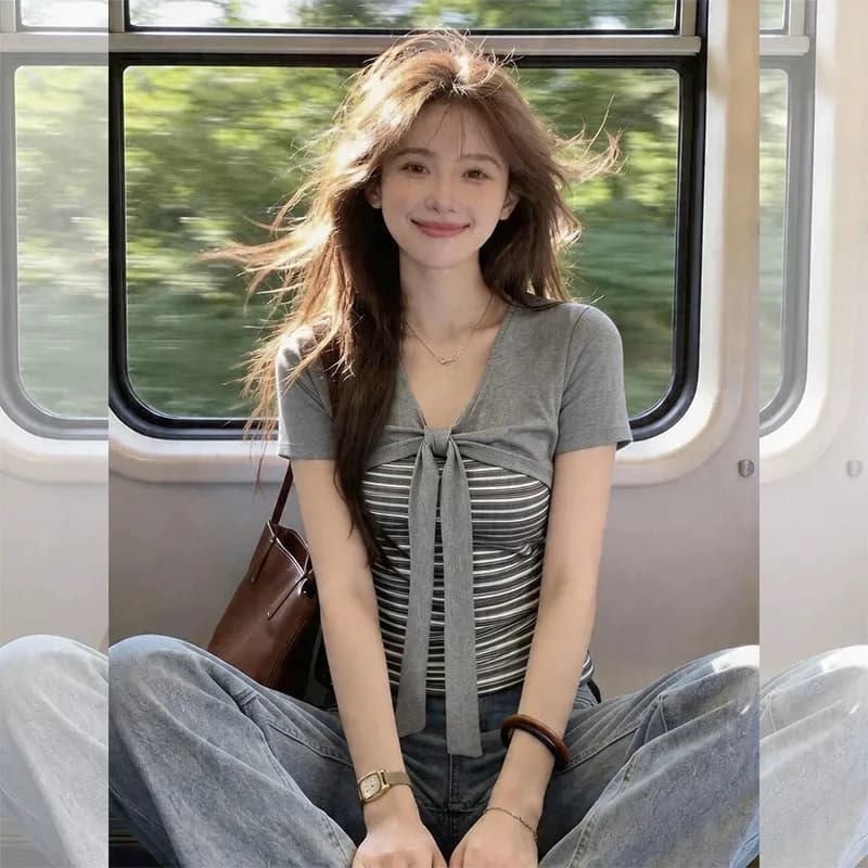 Gray Slimming V-Neck Stripe Short Sleeve T-Shirt Women Summer Sexy Shoulder Scarf Knot Tie Top Korean Style Commute Fashion