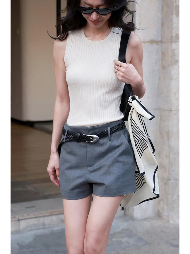 FANNIU Pantaloni Primaverili Estivi Stile Old Money in Pura Lana a Vita Media con Cintura, Gamba Dritta e Zip