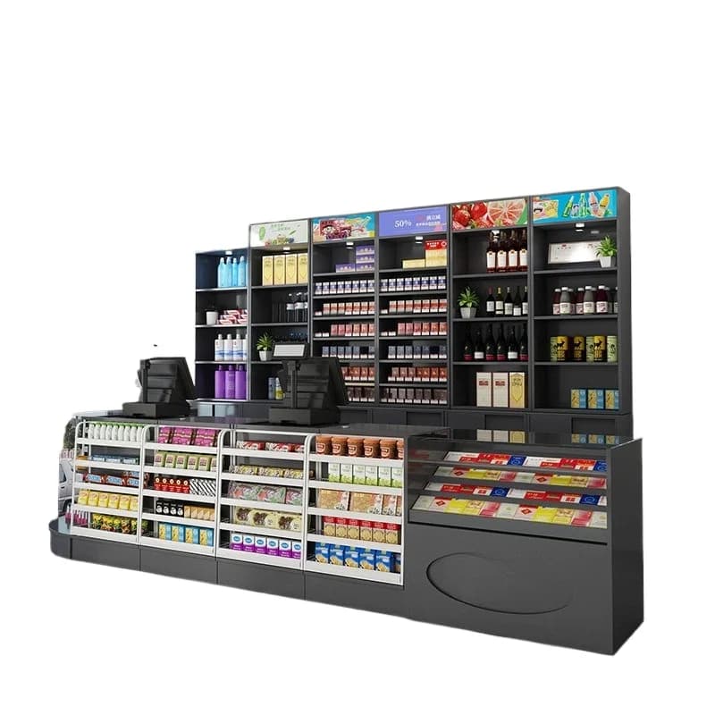 Pagina di cassa del negozio di convenienza del supermercato Combinazione di armadietti per tabacco e vino in vetro d'angolo integrato del negozio