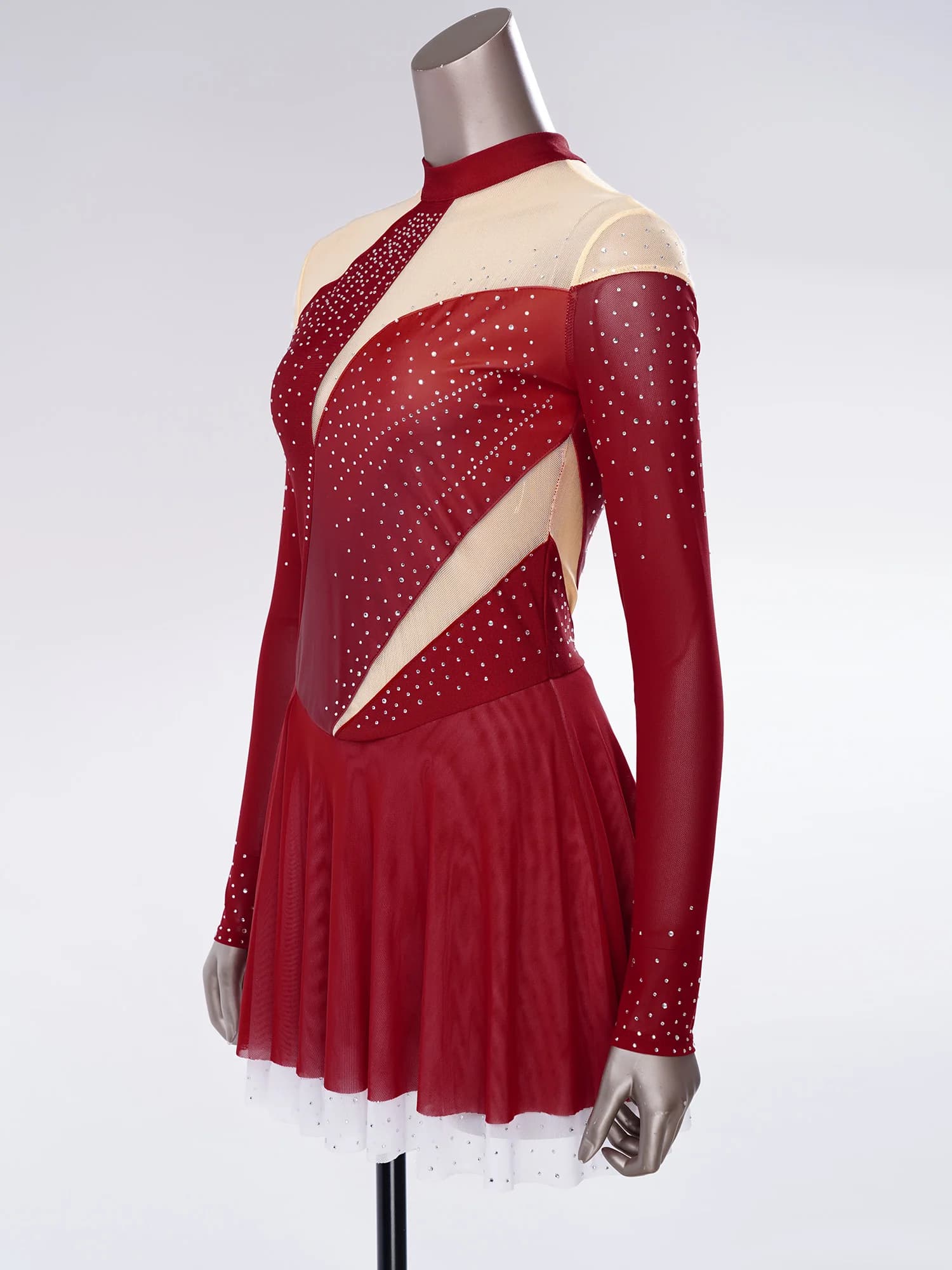Women Adults Rhinestones Gymnastics Leotard Figure Skating Dress Long Sleeve Ice Skating Dress Sheer Mesh Ballet Dance Costumes