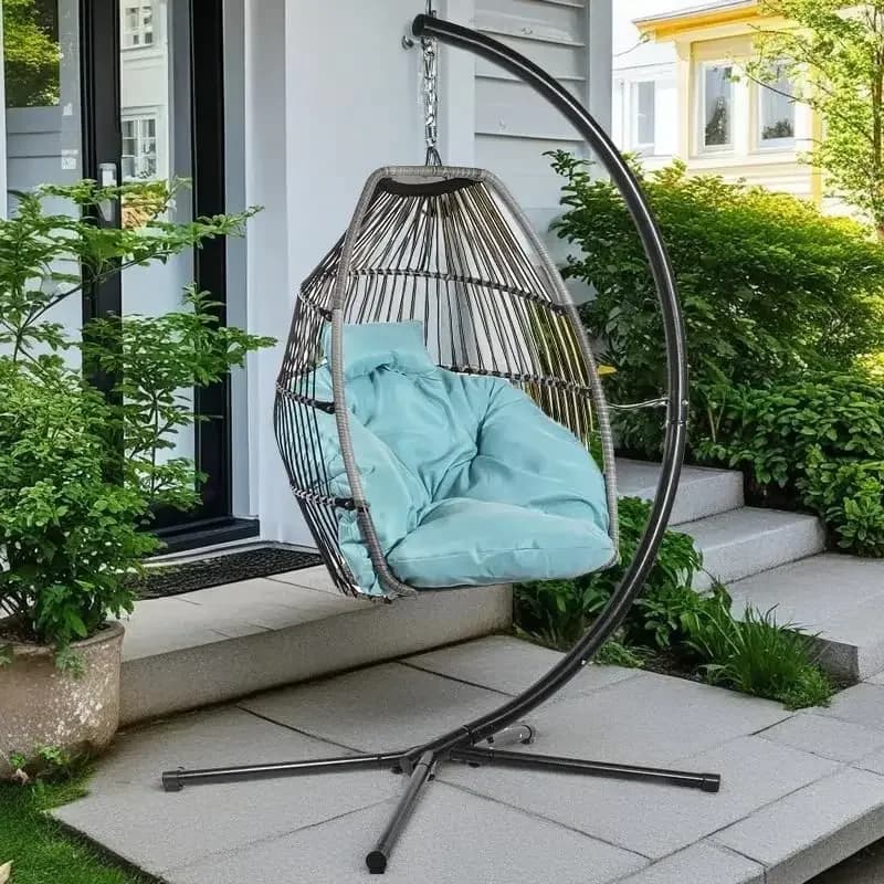Sedia a dondolo a forma di uovo Premium blu con cuscino profondo, morbida e rilassante, di lusso, per esterni, interni, patio, camera da letto