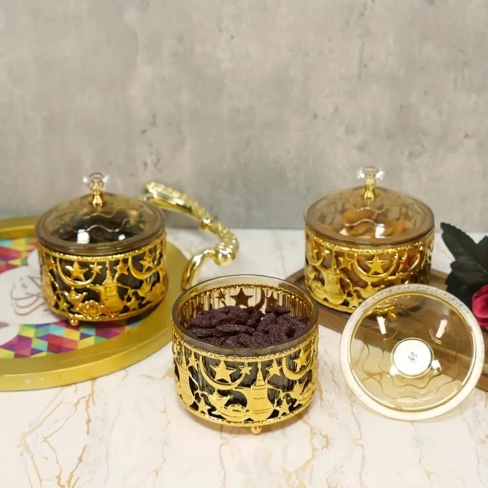 Vassoio per Snack in Metallo con Coperchio, Design Decorativo, Scatola per Frutta Secca, Stile Festivo, per Feste, Decorazione Ramadan, Uso Domestico