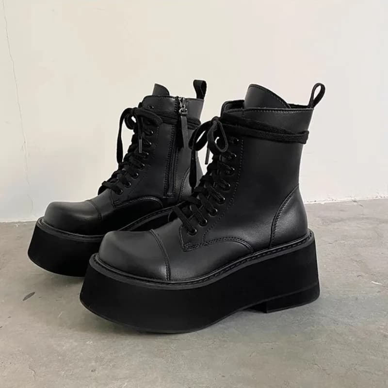 Stivali da Donna con Plateau 8CM in Vera Pelle di Lusso, Stivaletti alla Caviglia alla Moda con Lacci, Stivali da Motociclista di Design, Botas Mujer