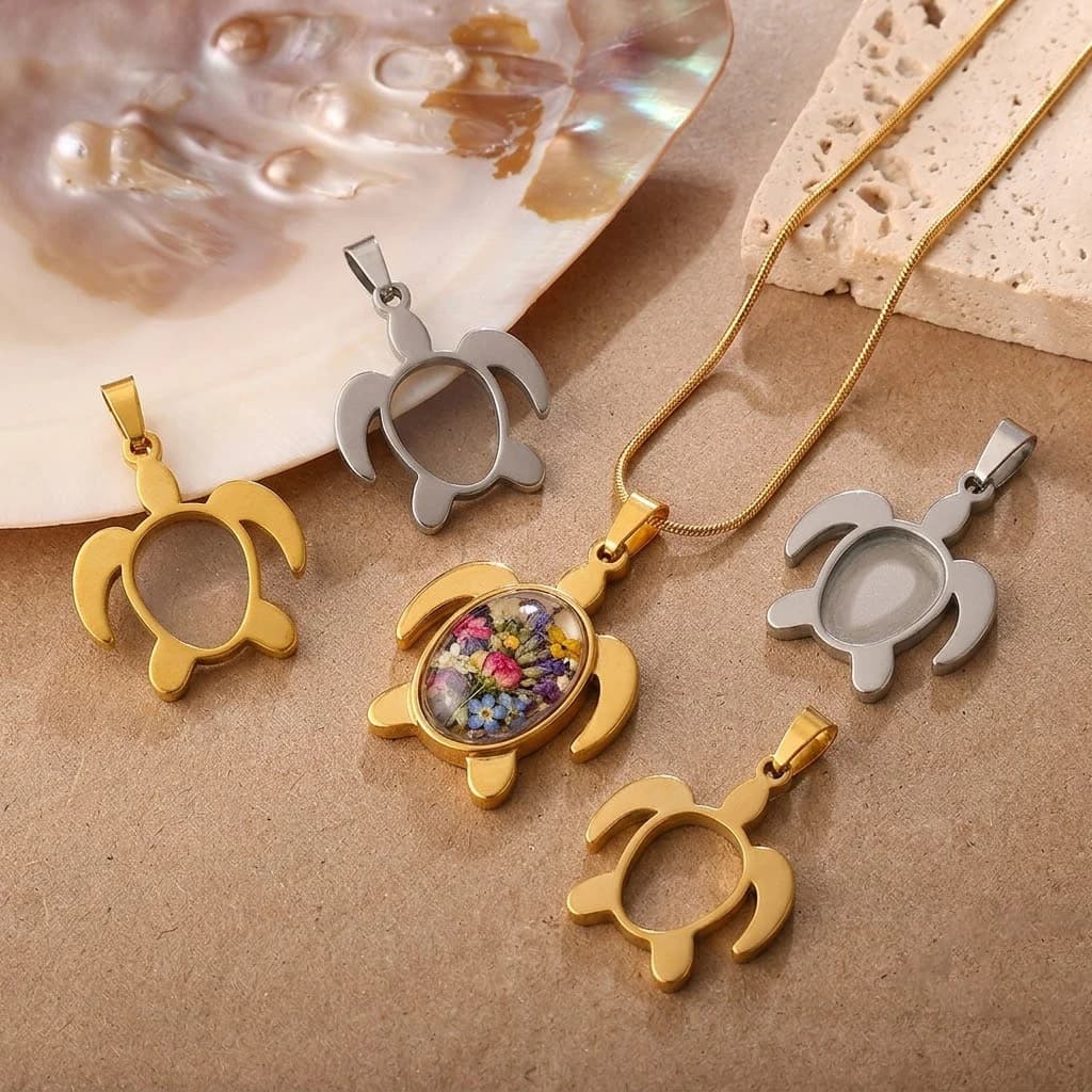 5pcs/Lot Stainless Steel Turtle Cabochon Base Settings Bezel Trays Oval Pendants for DIY Necklace Charms Jewelry Making Supplies
