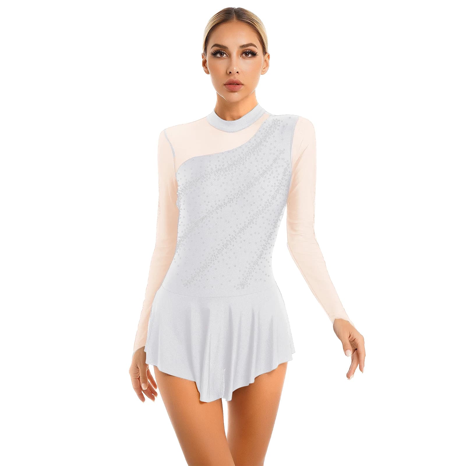 Donne figura pattinaggio su ghiaccio Costume balletto vestito da ballo lirico ginnastica body manica lunga maglia trasparente strass lucido Dancewear