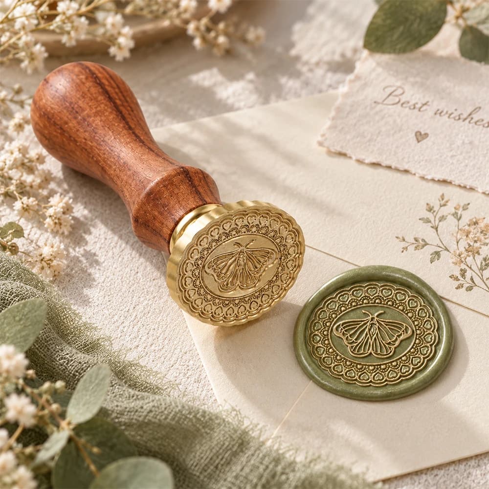 Lace Heart Frame Moth Wax Seal Stamp Removable Brass Stamp Head Wooden Handle for Envelope Sealing DIY Paper Card Handcraft