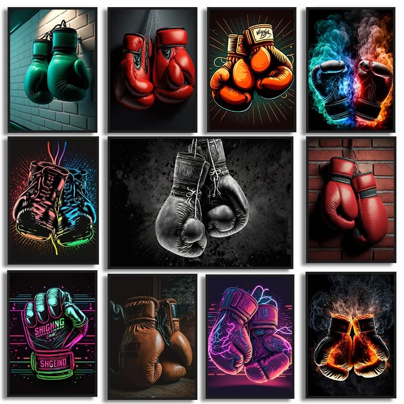 Black Boxing Gloves Cool Boxing Gloves Fitness Esthetic Poster and mural painting on canvas boxing gym children's room decoration