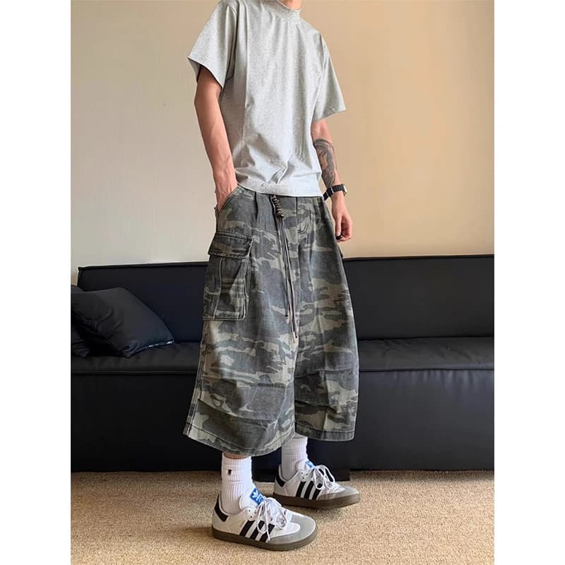 Retro American Camouflage Work Pants Men's Loose Straight Leg Wide Leg Design Seven-Foot Jeans Summer Trend Original Design