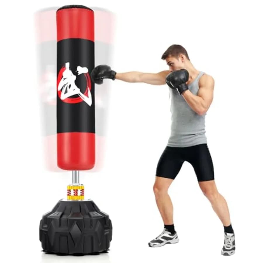 Sacco da Boxe Autoportante per Allenamento MMA, Muay Thai, Kickboxing; Materiale PVC Nero; Base Stabile Riempibile con 12 Ventose