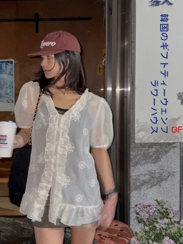 Korean Style Wooden Bubble Sleeve Shirt Women's Summer Lightweight Embroidered Chic Personality Blouse Loose Fit V-Neck ...