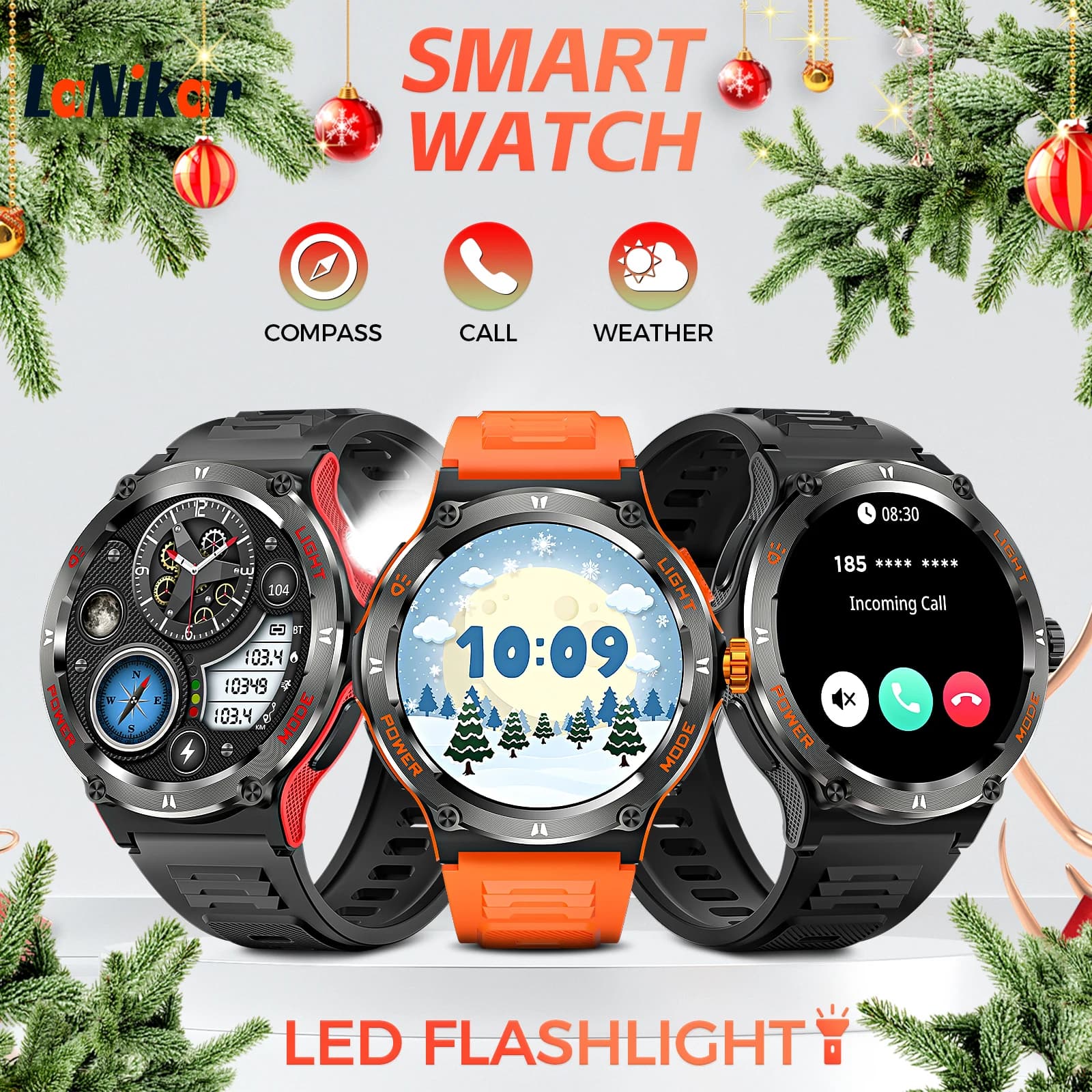 LaNikar Smart Watch 3ATM Impermeabile 1.53 "Nuovo KT76 Sport da uomo con bussola e torcia a LED Frequenza cardiaca Analisi del sonno Bluetooth