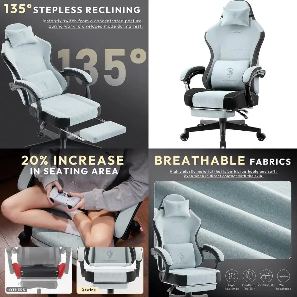 Sedia da gaming ergonomica in tessuto traspirante con supporto lombare, altezza regolabile e poggiapiedi per adulti, Aqua