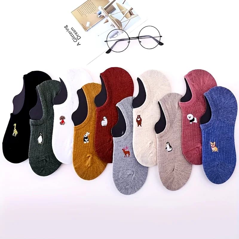 10 Paia di Calzini Minimalisti Solidi, Calzini Corti Estivi Ricamati da Donna, Calzini Invisibili Antiscivolo in Silicone a Caviglia Bassa