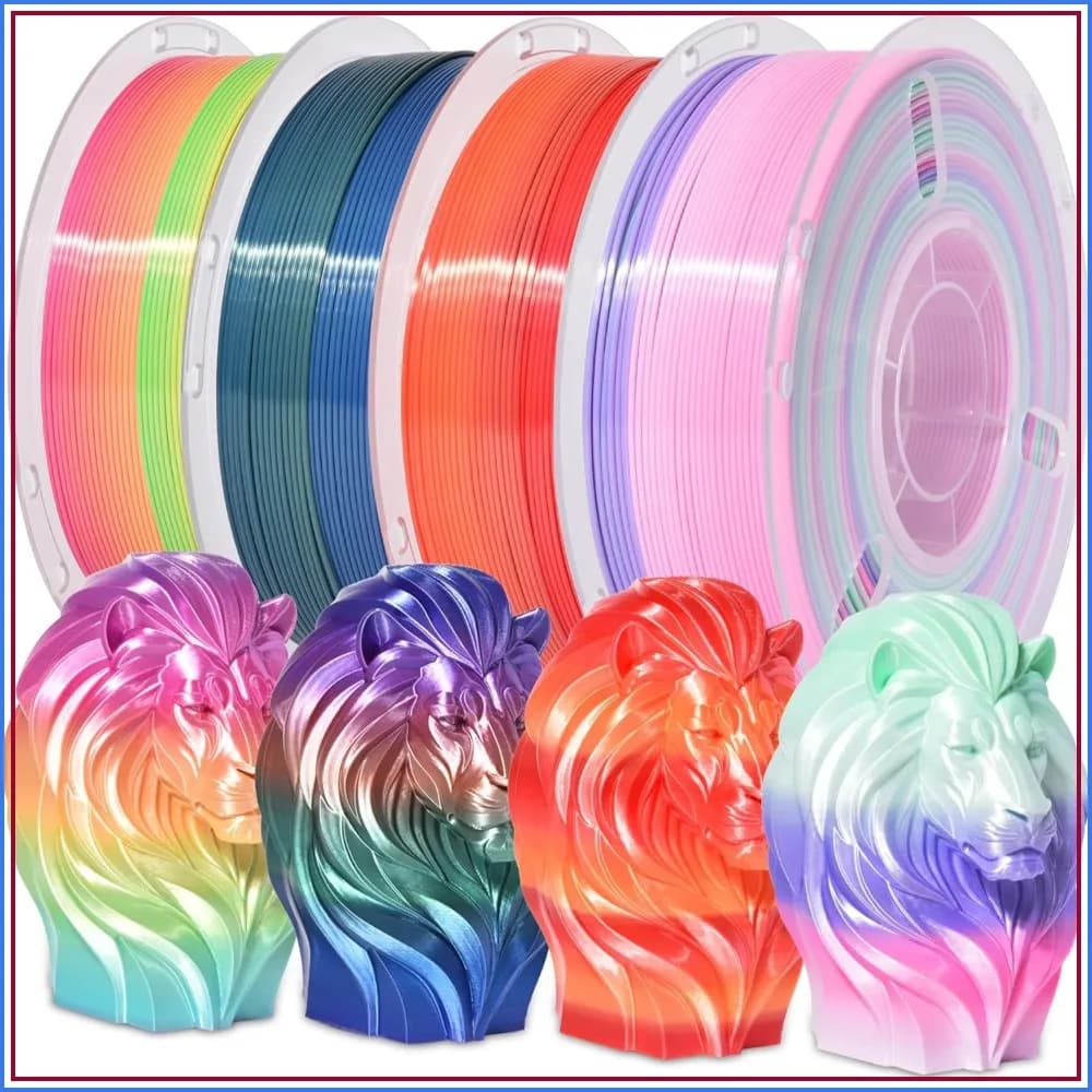 Silk Rainbow PLA 3D Printer Filament Bundle 4 Colors 1.75mm Multicolor 1kg Each, Candy/Universe/Red-Golden/Sunset Glow