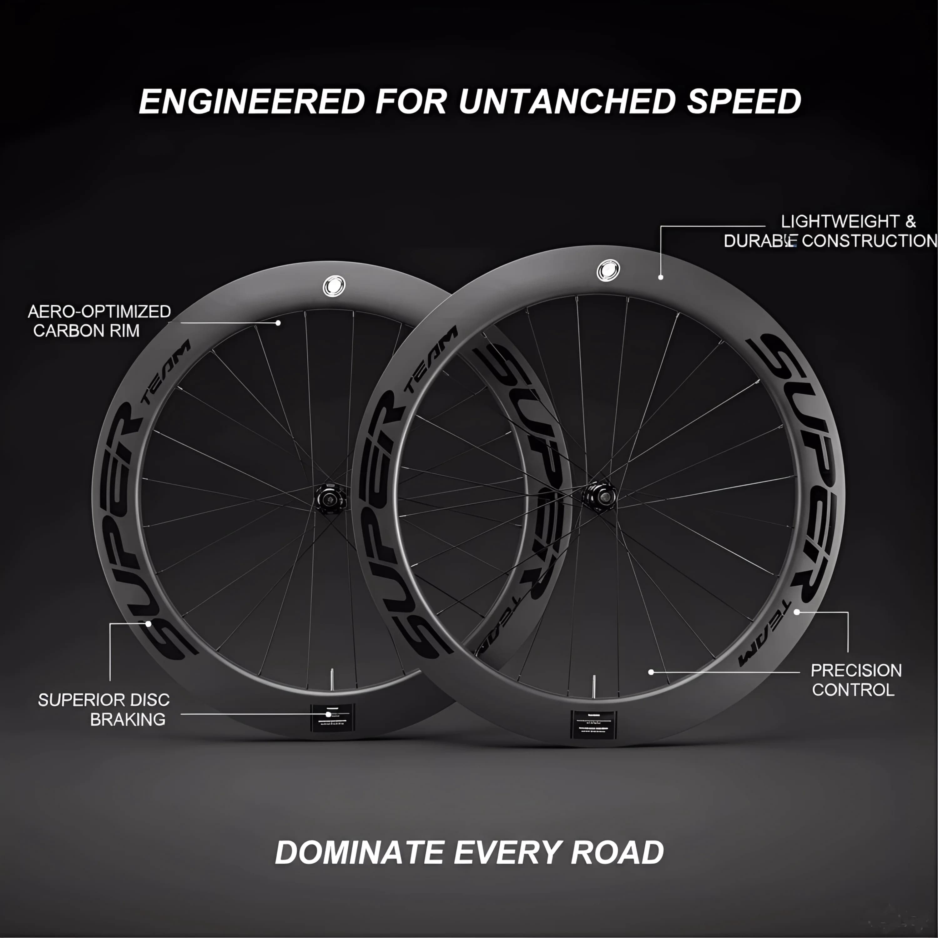 SUPERTEAM 700C Set Ruote Bici da Corsa con Freno a Disco in Fibra di Carbonio Tubeless Clincher 38mm 50mm 60mm 88mm - Leggero e Aerodinamico
