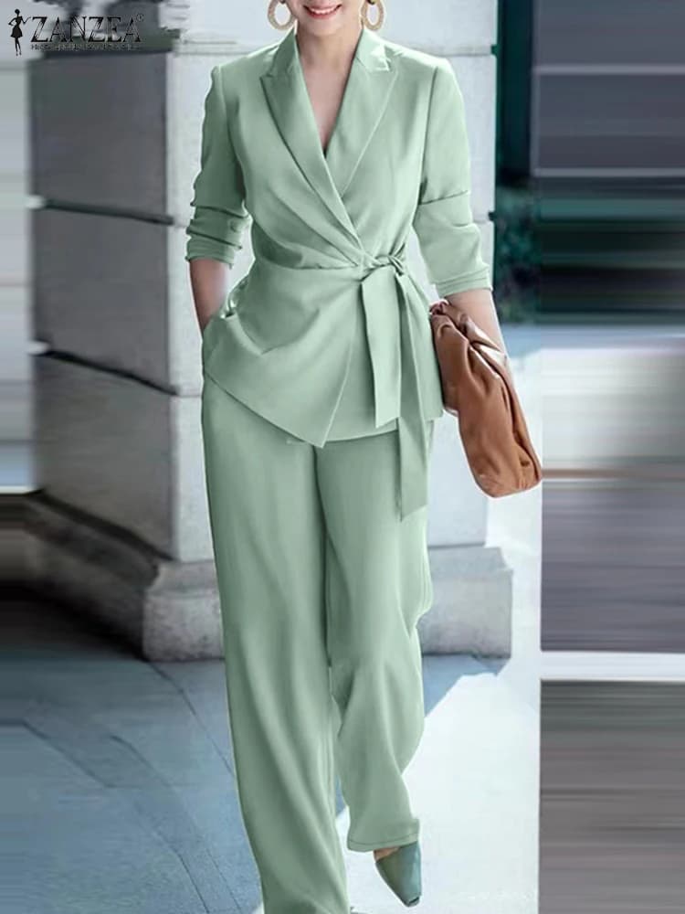ZANZEA Set da Ufficio Primaverile 2 Pezzi per Donna, Completo Elegante con Blazer e Camicia a Maniche Lunghe, Pantaloni a Gamba Larga, Outfit Moda 202