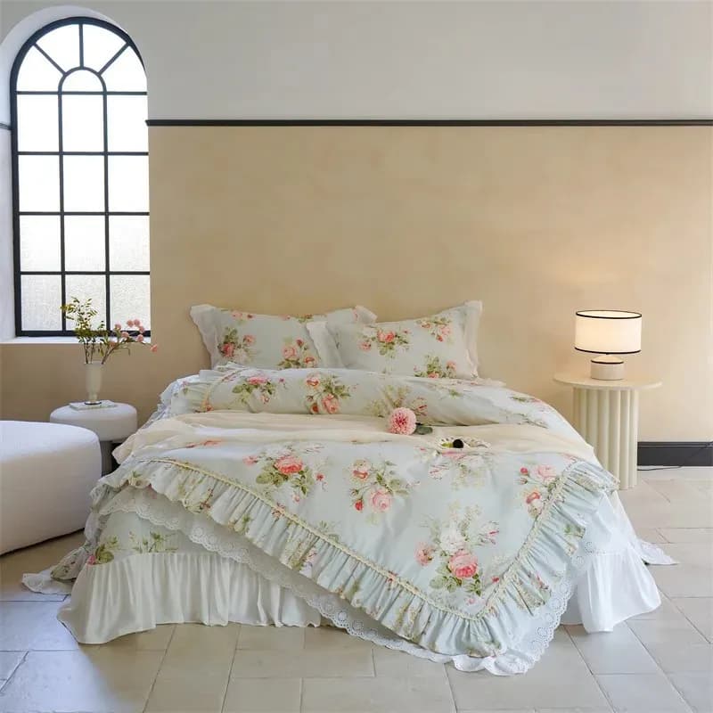100%Cotton Elegant Floral Ruffle Edge Comfortable Breathable Soft Double Queen Duvet cover set Quilted Bedspread Pillowcases