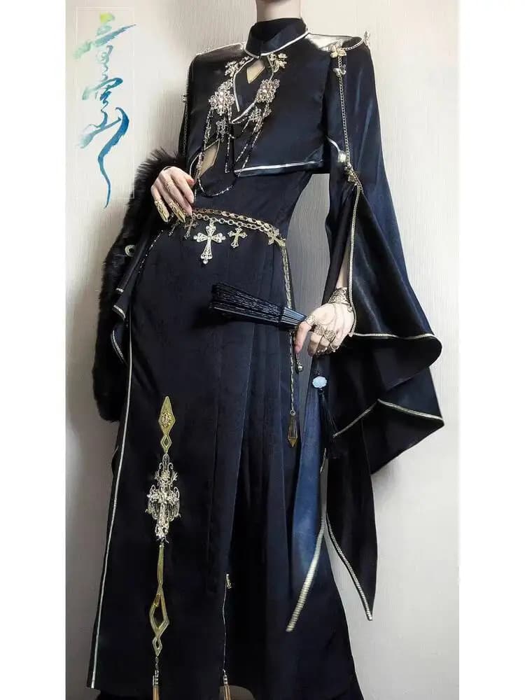 Nuovo stile cinese Fiesta Carnevale Halloween Cos Cosplay Oc Nero Oro Cheongsam Top Scialle di pelliccia Nero