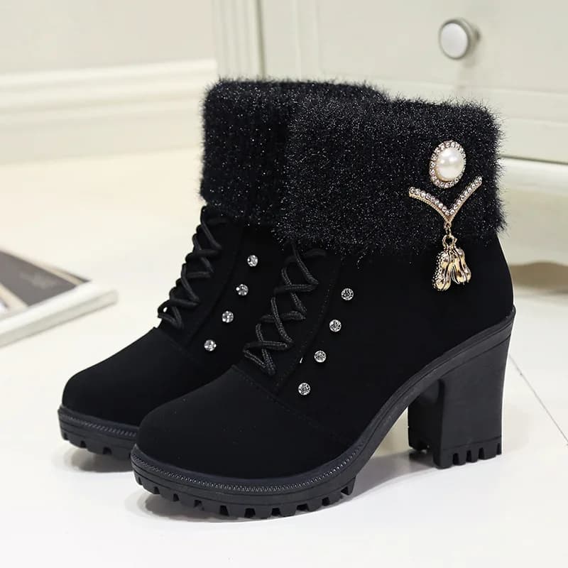 Stivali Neri con Plateau e Tacco Quadrato da Donna, Scarpe Invernali Classiche con Fibbia, Caldi in Pelliccia, Stivali da Neve Comodi da Donna