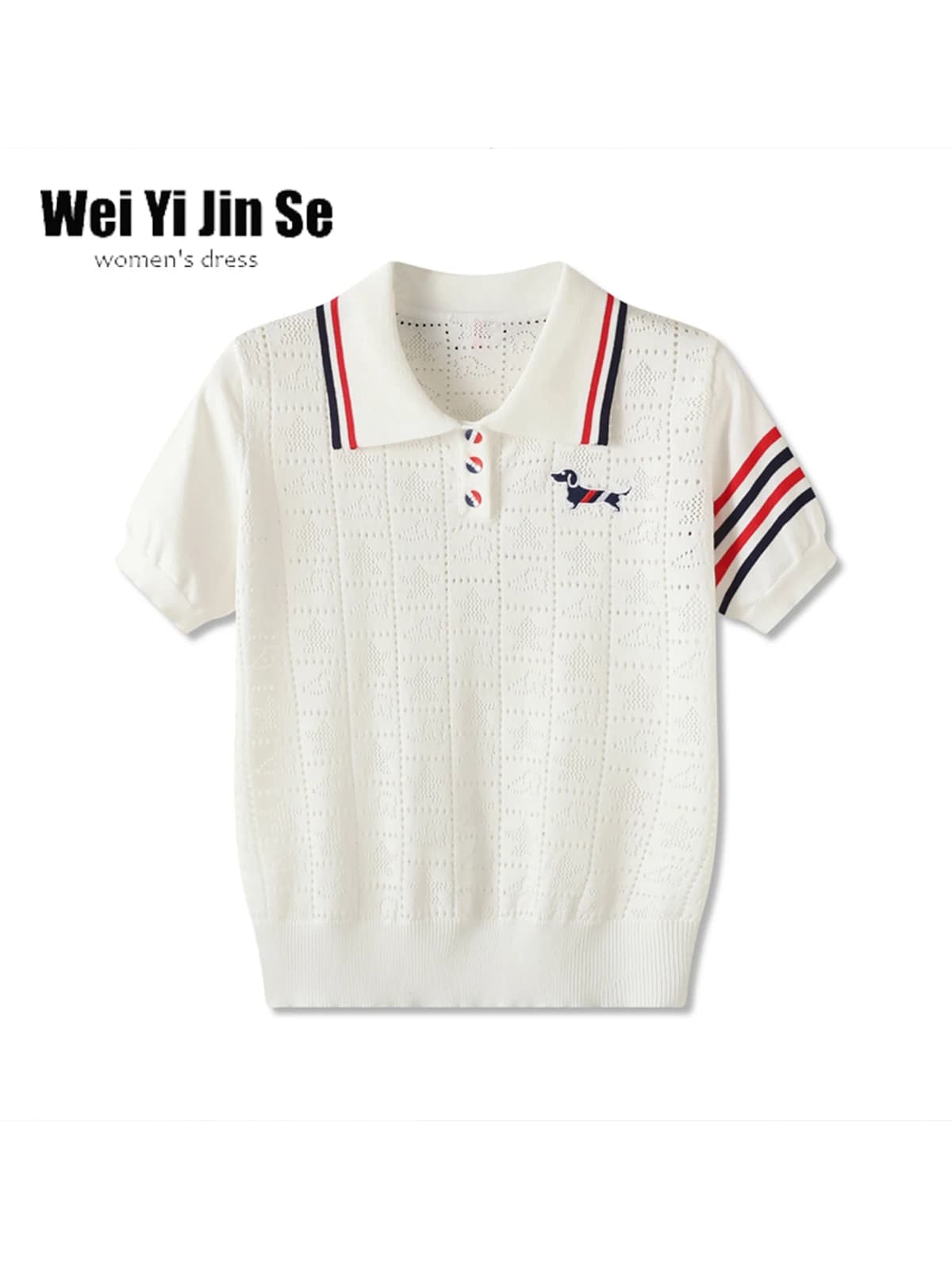 T-shirt da donna estiva a maniche corte, ricamata, lavorata a maglia, traforata, slim fit, con design sensuale e motivo cane, con colletto risvoltato