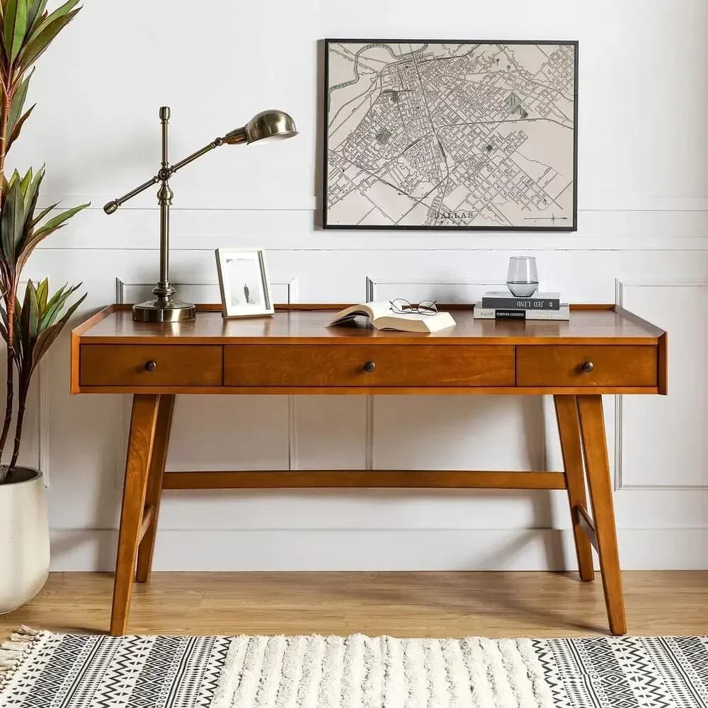 3 Drawer Solid Wood Desk with Charging Station and Cable Management for Home Office, Bedroom, Living Room, or Study Area
