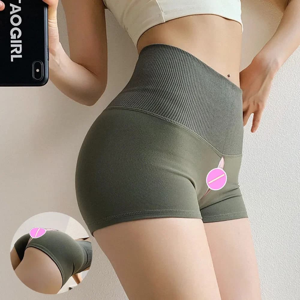 Pantaloni da sesso con cavallo aperto per esterni, pantaloni hotti esotici da donna Leggings all'anca color pesca Pantaloni sportivi da coppia Pantaloncini estivi casual streetwear