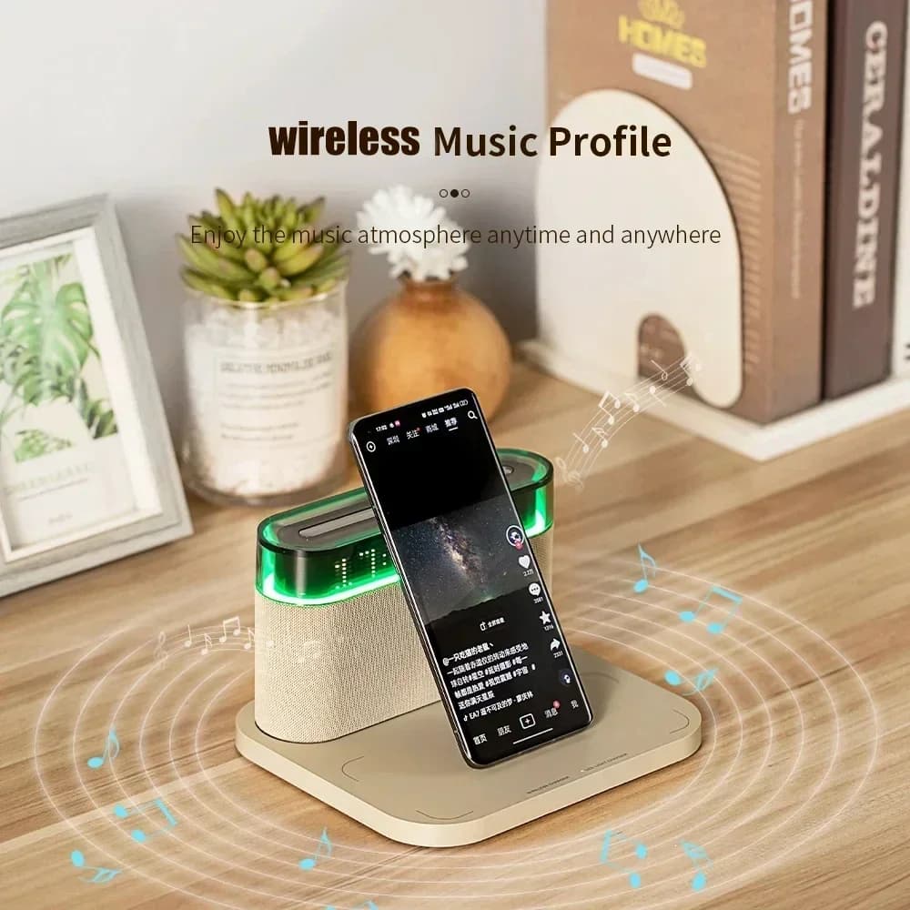 6-in-1 Bluetooth Alarm Clock with Wireless Charger, Bluetooth Speaker & Colorful Night Light for IPhone, Apple Watch, AirPods