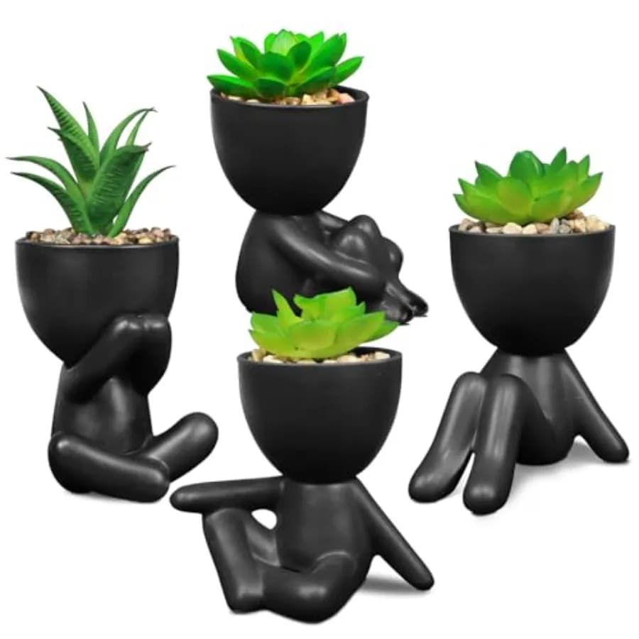 Set of 4 Black Fin Plants, Artificial Succulent Plants with Human Shape Creative Vases, Mini Plants in Vase for Desk and Office
