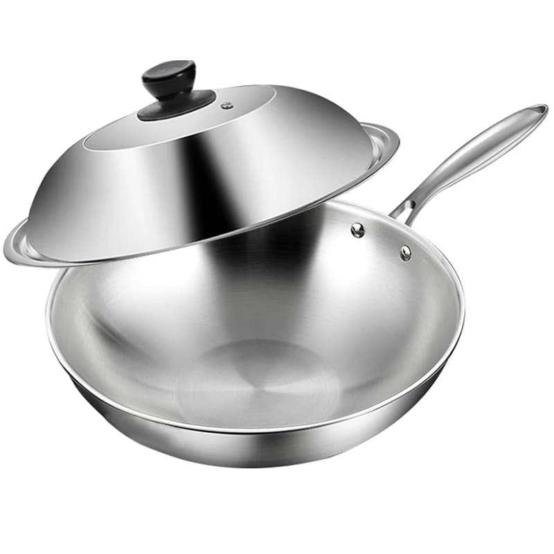 Wok in Acciaio Inox Tri-Ply con Coperchio, Padella per Frittura, Adatta per Cucina a Induzione, Lavabile in Lavastoviglie e Utilizzabile in Forno, Manico Staccabile