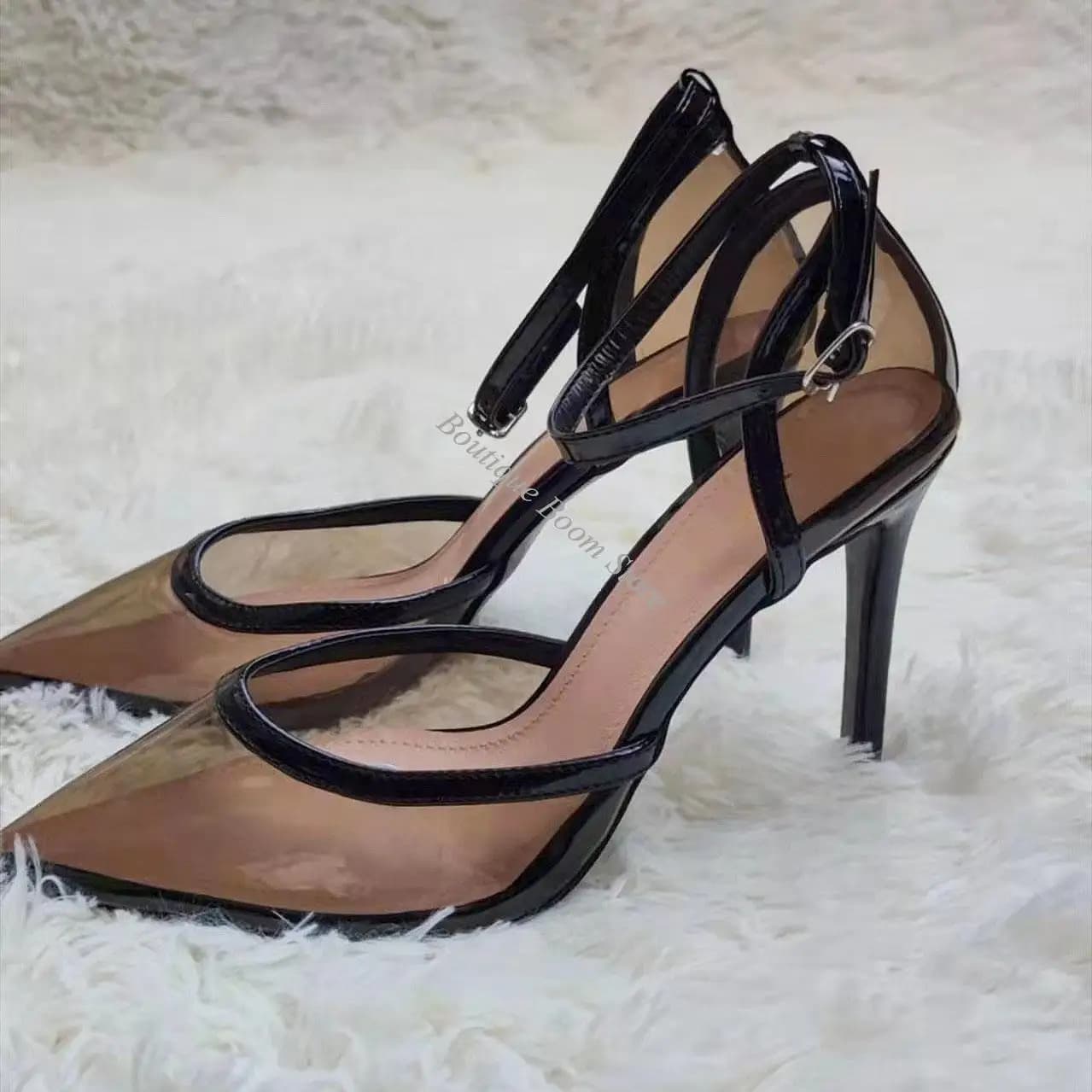 Sandali sexy viola neri trasparenti in PVC con punta a punta, tacco alto e cinturino alla caviglia, scarpe da donna eleganti per banchetti.
