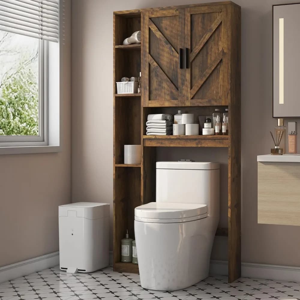 Armadietto portaoggetti sopra il WC con 7 ripiani portaoggetti, organizer da bagno sopra il WC con supporto per carta igienica, dietro T