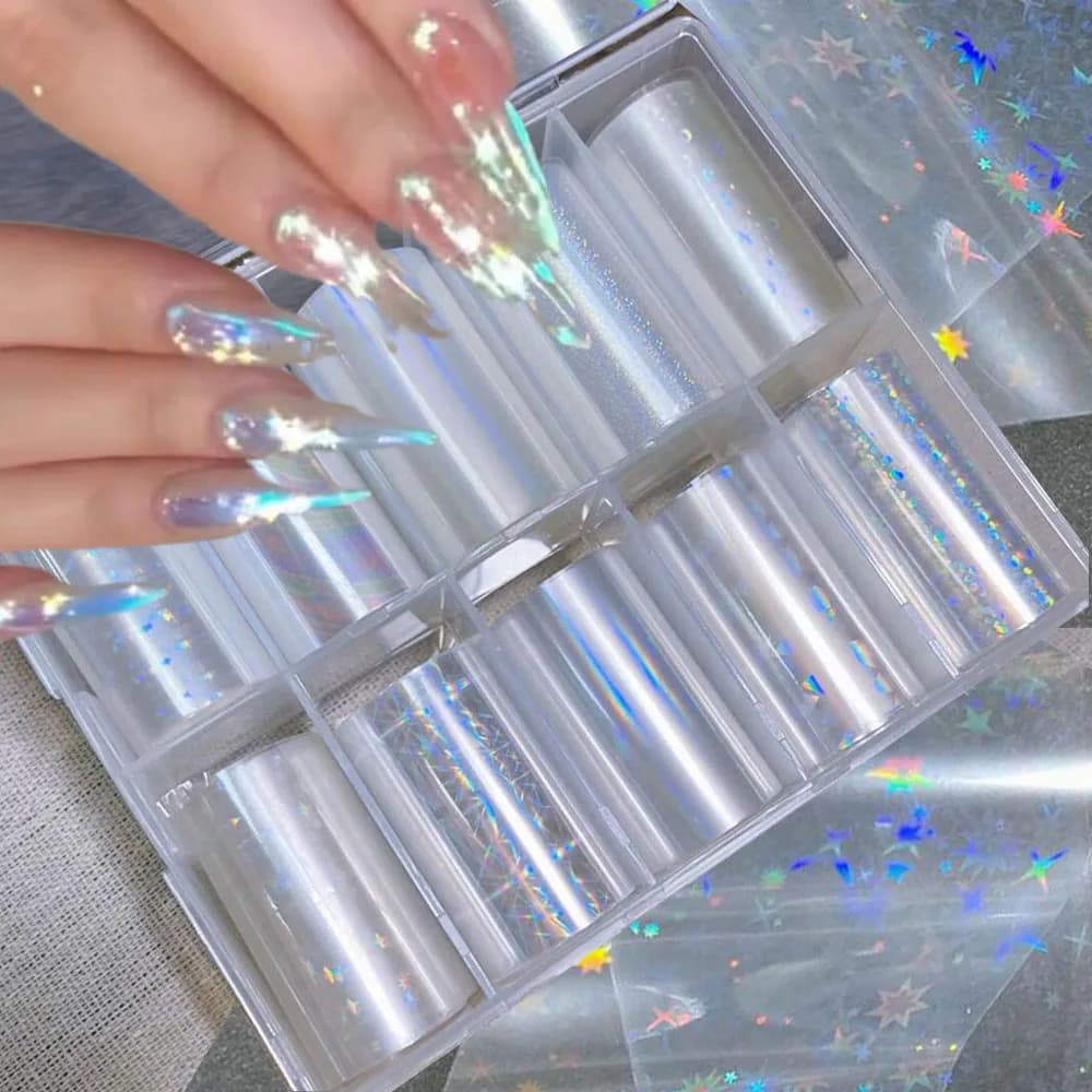 2.5/4X50 CM/10 Rotoli Laser Aurora Star Lamina di Trasferimento Del Chiodo di Vetro Trasparente Galaxy Aurora Nail Lamina di Trasferimento Adesivi FAI DA TE Nail Slid