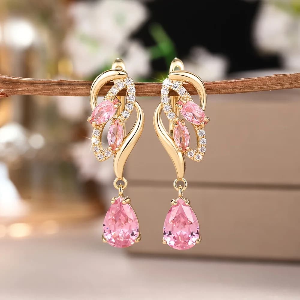 2 pieces (1 pair) elegant powder crystal teardrop earrings, April birthstone gold leaf design, cubic zirconia micro-inlaid sparkling light spot matte metal base to set off gentle color, daily commuting dating light luxury accessories