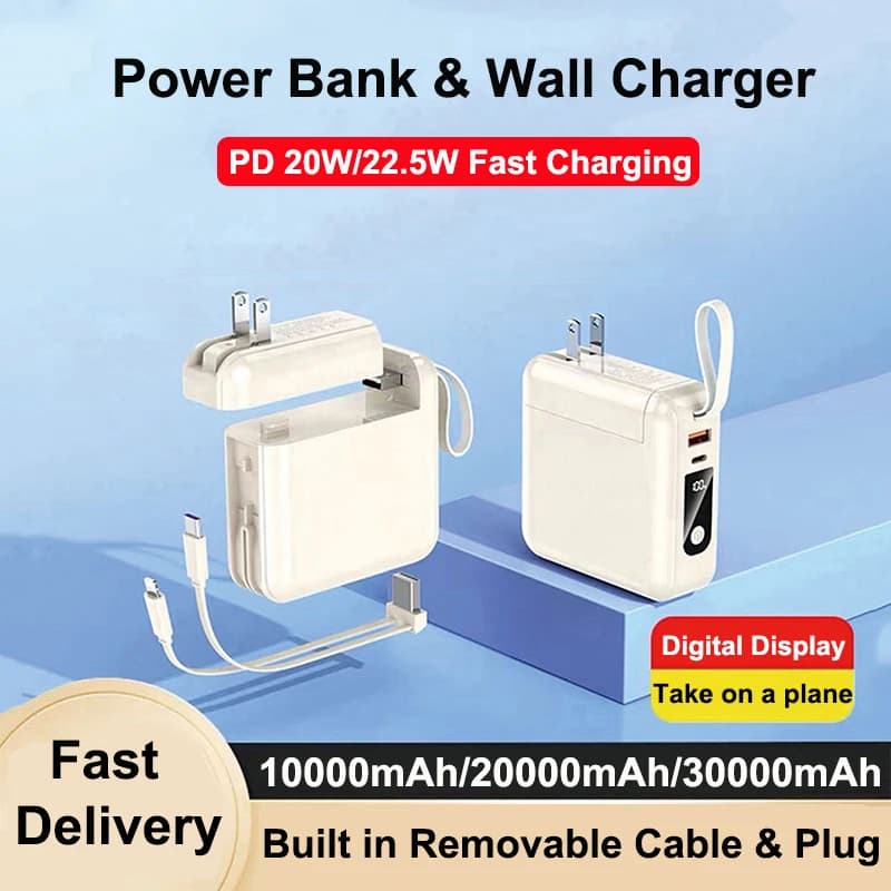 Power Bank 30000mAh con cavo Caricatore da muro con presa CA Powerbank a ricarica rapida da 22,5 W per iPhone 16 Batteria esterna Samsung Xiaomi