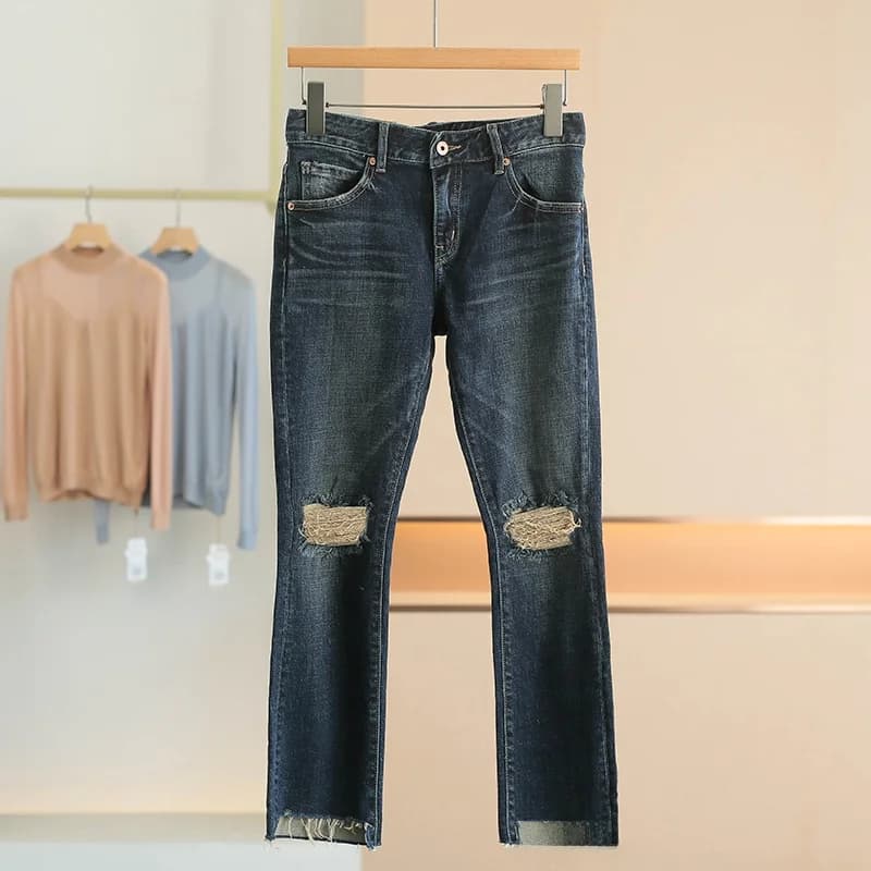 Jeans da Donna alla Moda Slim Fit Effetto Invecchiato Vita Alta in Cotone Elasticizzato con Chiusura a Cerniera per la Stagione Autunnale