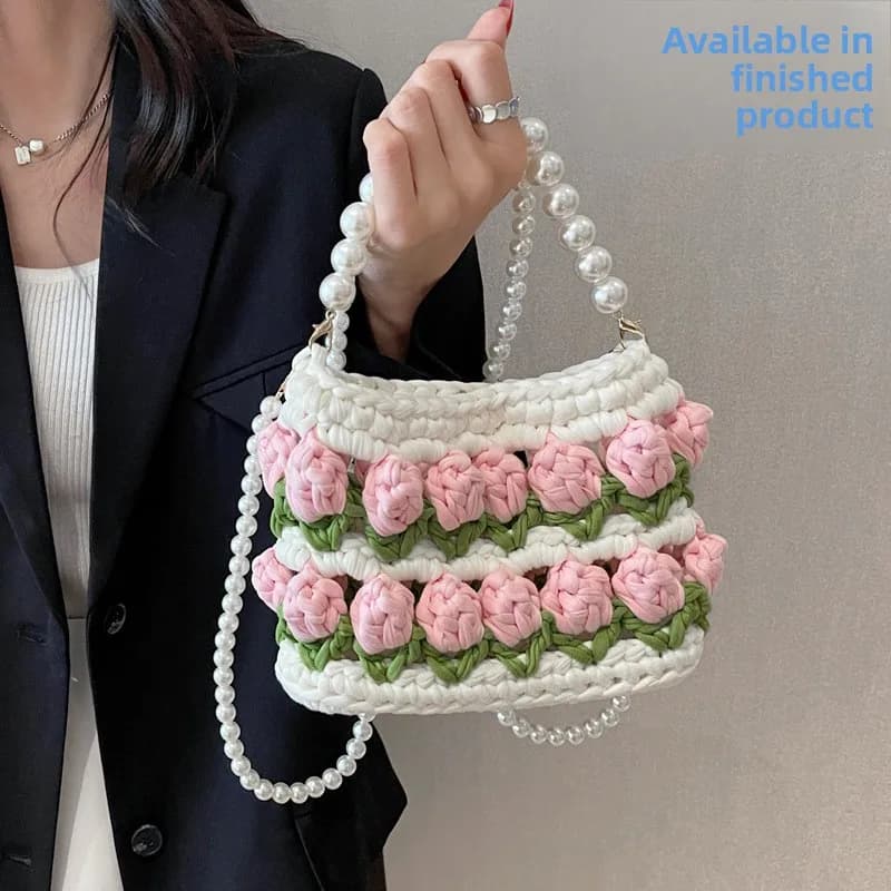 Handcrafted Pearl Women's Crossbody Bag DIY Material Kit Tulip Pattern Fabric Strip Line Fairy Tale Style Handbag Cotton Canvas