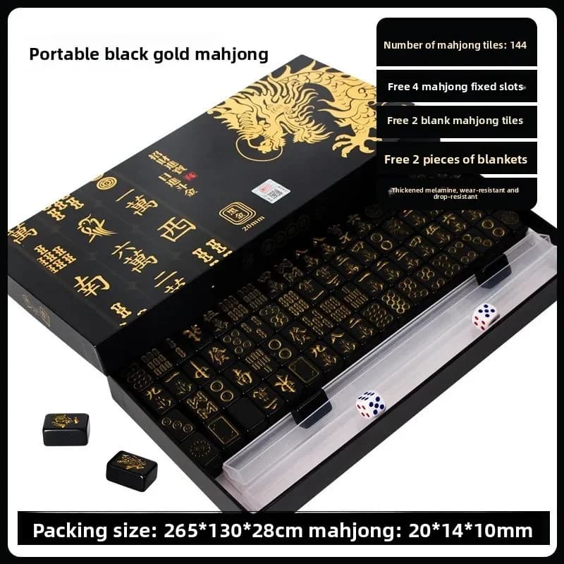 Set of 144 Black and Gold Mahjong Tiles, Mini Size, Portable, for Family Outdoor Games, with Tiles