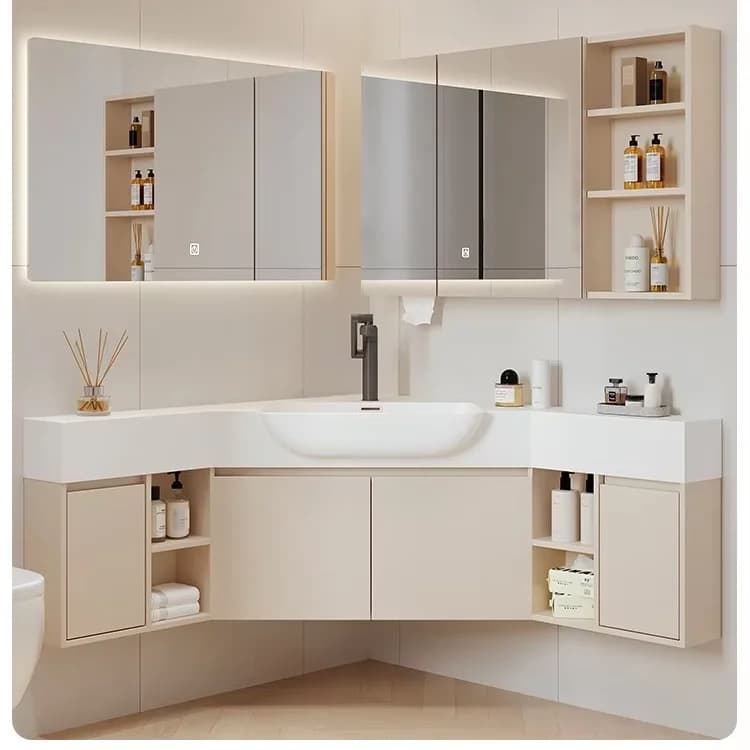 Mobile Bagno in Legno Massello Multistrato con Specchio Intelligente, Design Angolare Integrato a Triangolo per Appartamenti Piccoli, con Lavabo