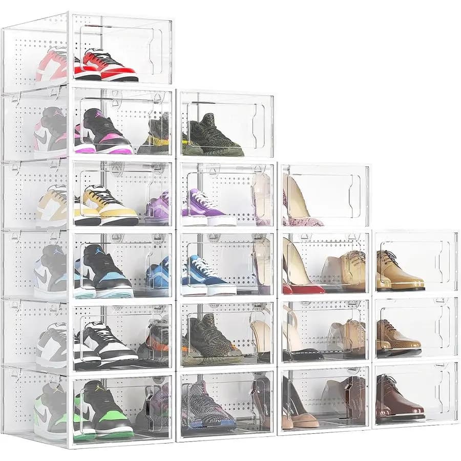 Scatole per scarpe in plastica trasparente impilabili Confezione da 18 organizer per scarpe premium per armadio Contenitori per scarpiera pieghevoli Sneaker Displ