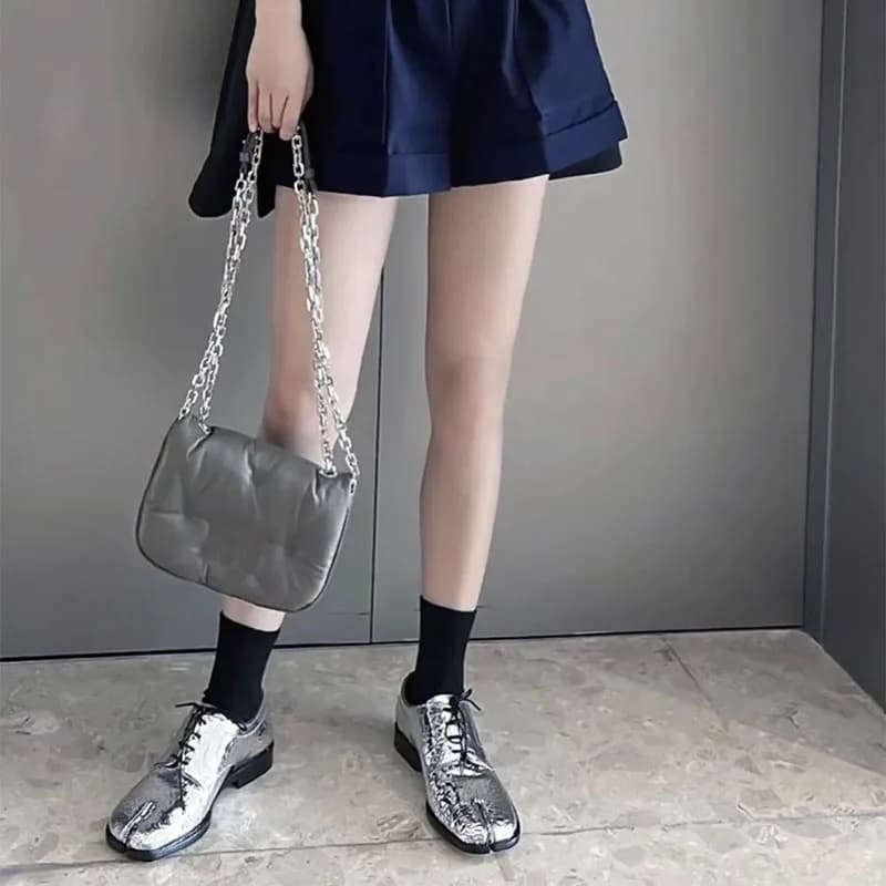New Silver Genuine Leather Tabi Pumps Women's Casual Shoes Ninja Point Split Feet Pig Shoes derby Women Zapatos De Mujer