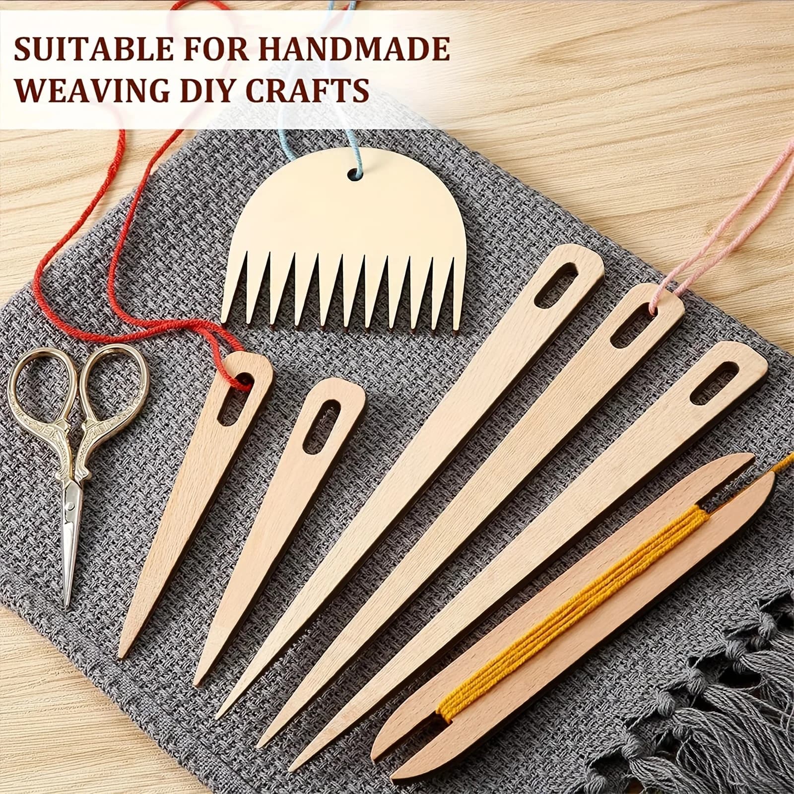 7Pcs Wooden DIY Hand Loom Stick Set Weaving Crochet Needle Shuttle Comb for Knitting Weaving Craft Beginner Artist