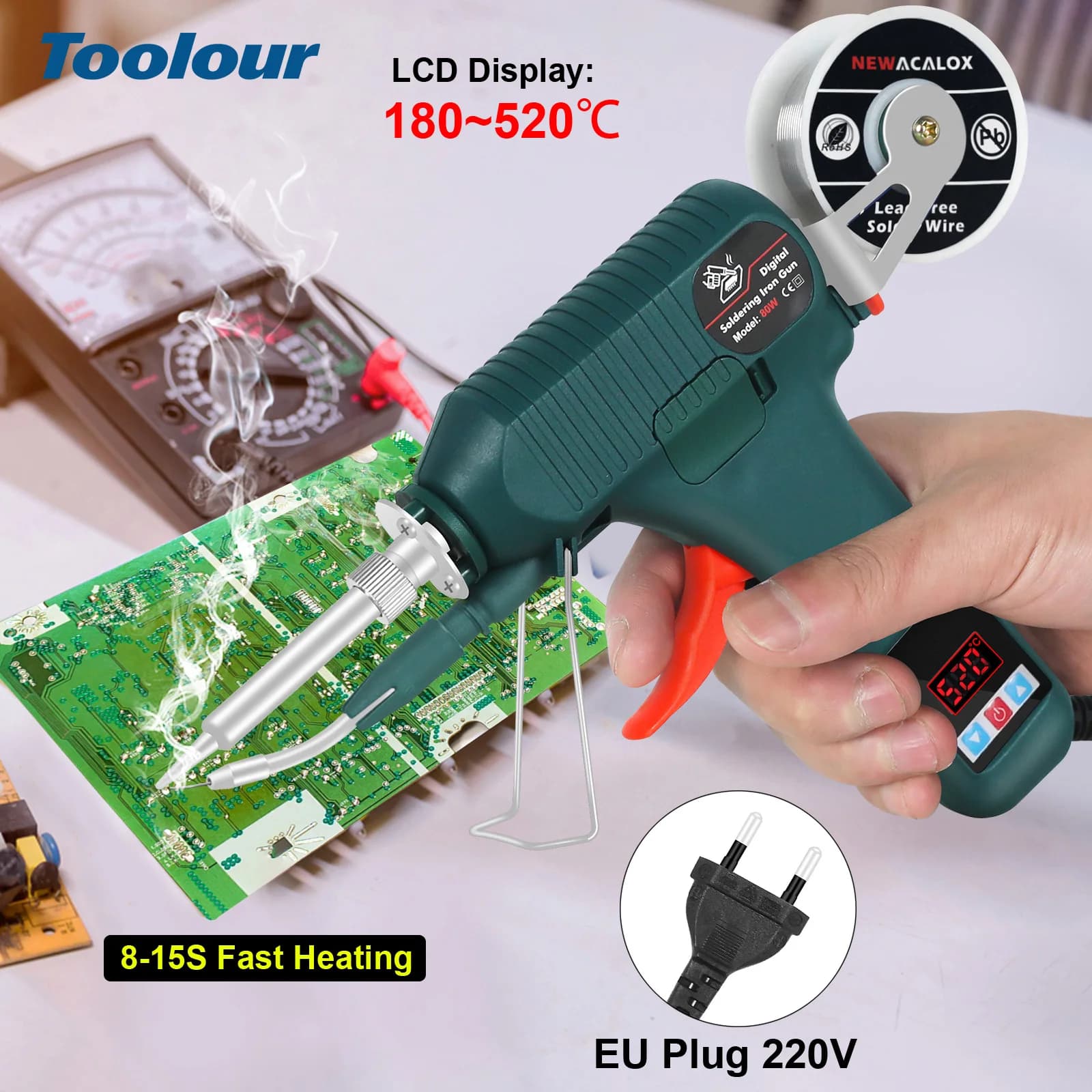 Pistola per saldatura digitale con alimentazione automatica Toolour da 80 W con temperatura regolabile 180-520 ° Kit di saldatura a riscaldamento rapido C per la riparazione di saldatura PCB/SMD