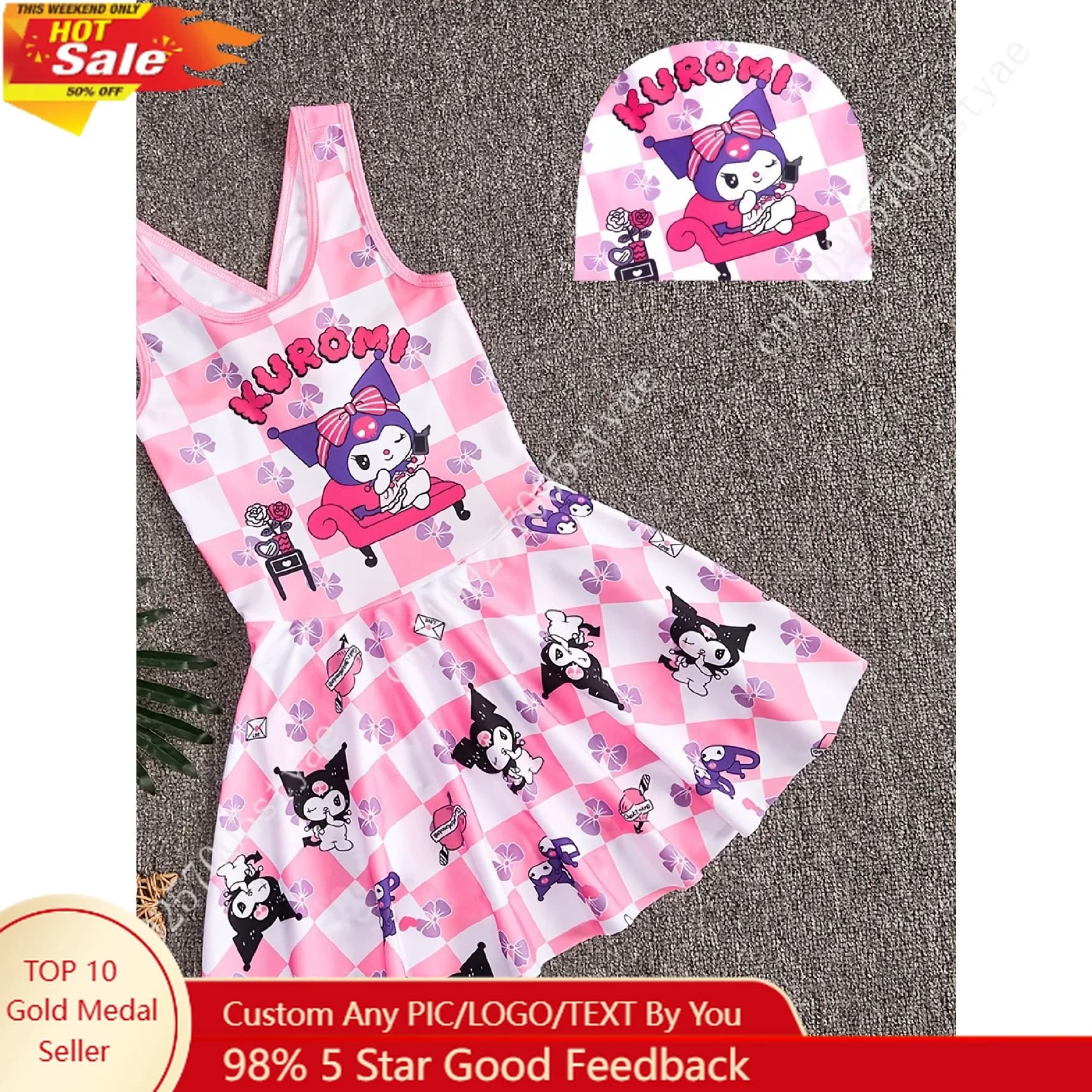 Costume da bagno intero Sanrio Kuromi per ragazze con cappuccio coordinato, stampa simpatica con il volto di Kuromi e il gruppo Kuromi, bikini con spalline incrociate sul retro